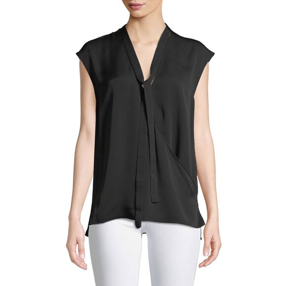 THEORY Relaxed Tie-Neck Sleeveless Silk Wrap Top in Black Size Small - Picture 3 of 11